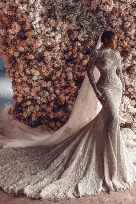 Amazing Column Lace High Neck Long Sleeve White Long Wedding Dress With Appliques Train (ZD15531)