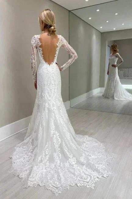 Amazing Column Lace Long Sleeve White Wedding Dresses With Appliques (ZD16636)