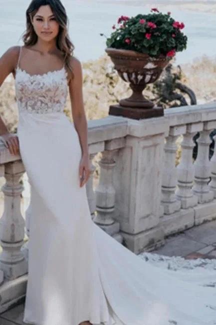 Amazing Column Lace Scoop Sleeveless White Wedding Dress With Appliques (ZD16675) - VelvetHem