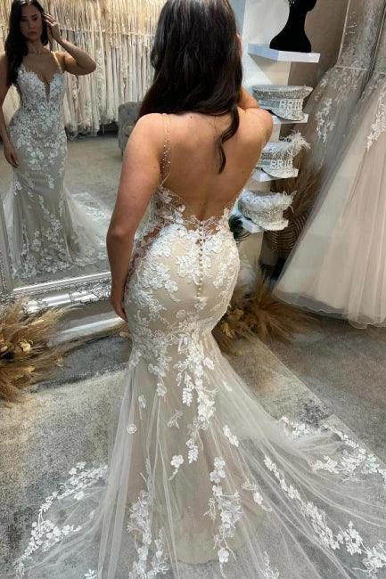 Amazing Column Tulle Lace Spaghetti Straps Sleeveless Ivory Wedding Dress With Appliques (ZD15503)