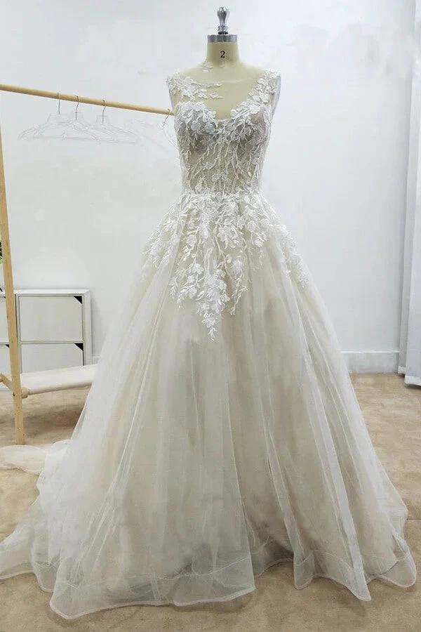 Amazing Long A-line Appliques Lace Tulle Chapel Train Wedding Dress (ZD14457)