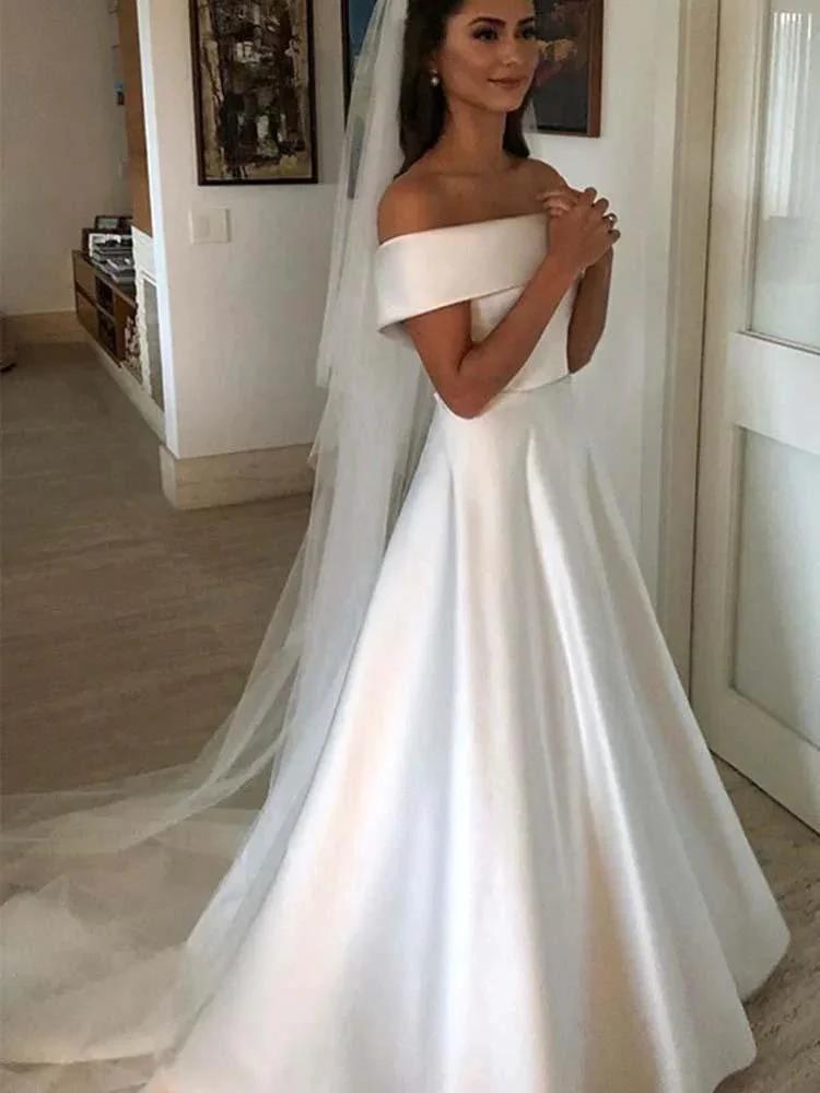 Amazing Long A-line Off the Shoulder Covered Button Satin Wedding Dresses (ZD15905) - VelvetHem