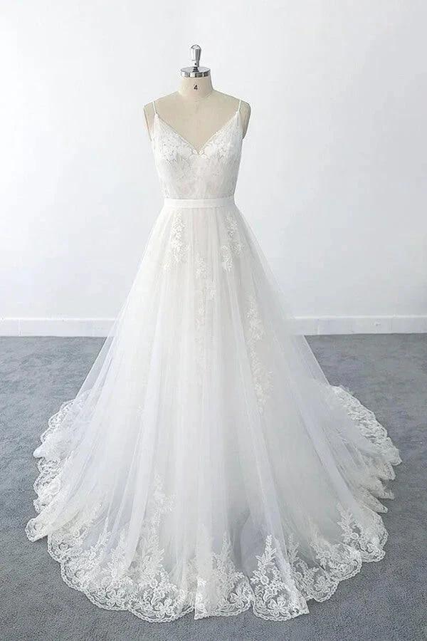 Amazing Long A-line V-neck Ruffle Appliques Tulle Wedding Dress (ZD15789) - VelvetHem