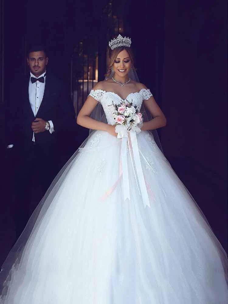 Amazing Long Ball Gown Off the Shoulder Lace Tulle Wedding Dresses (ZD15916) - VelvetHem