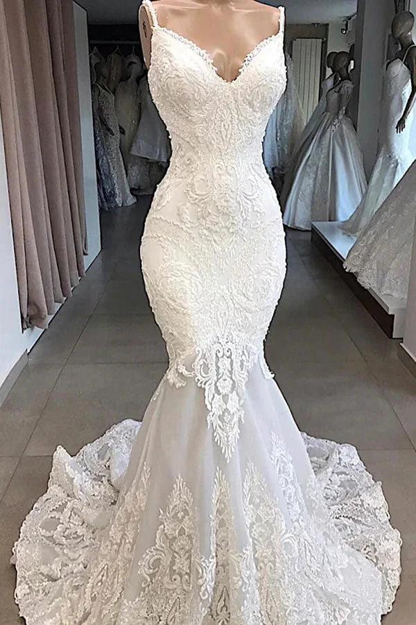 Amazing Long Mermaid Appliques Tulle Backless Wedding Dress (ZD14412) - VelvetHem