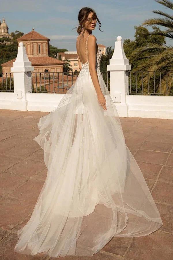 Amazing Long Mermaid Chapel Train Tulle Open Back Wedding Dress (ZD14371)