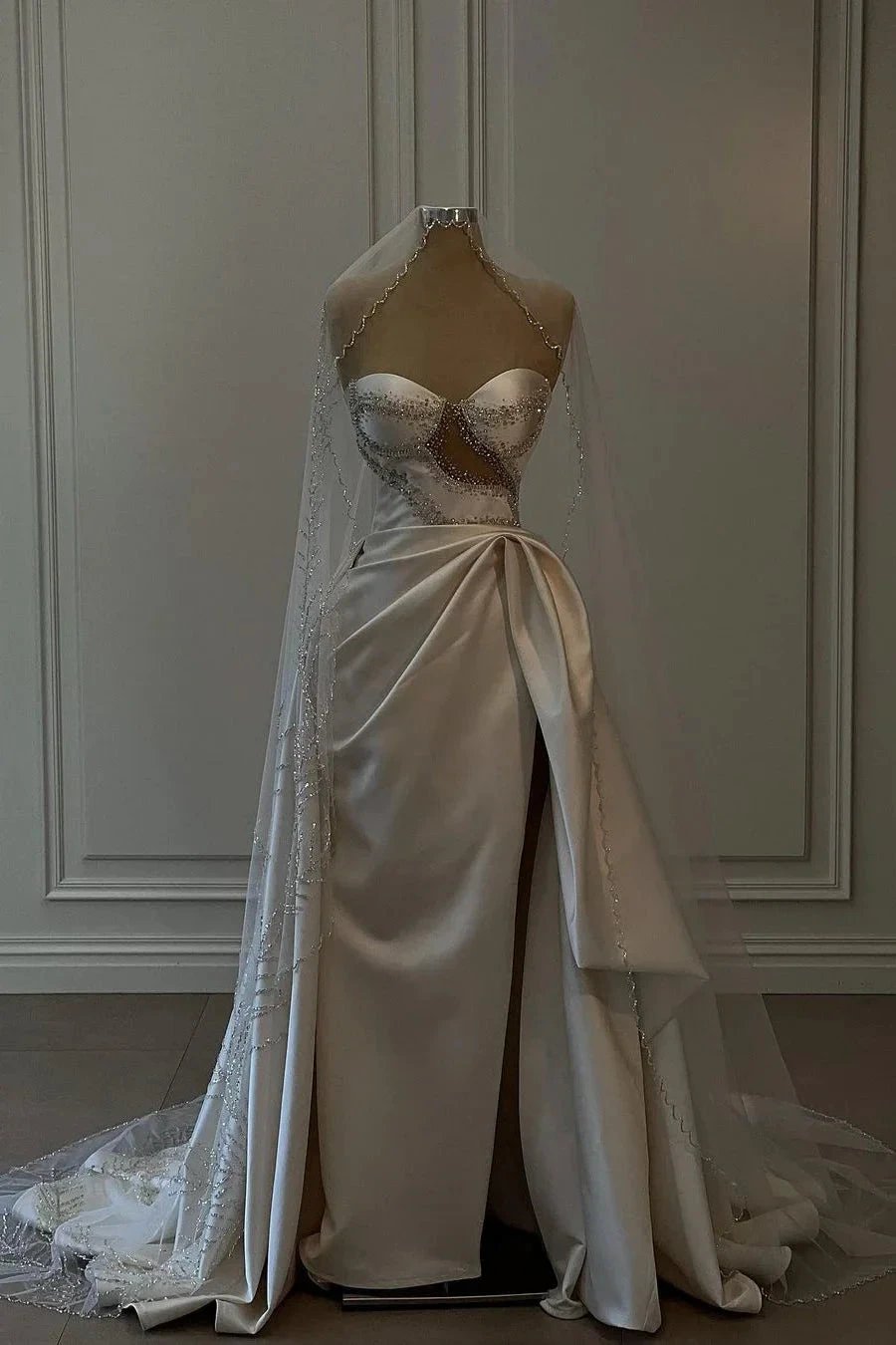 Amazing Long White Beading Sleeveless Satin Wedding Dress With Slit (ZD15681) - VelvetHem