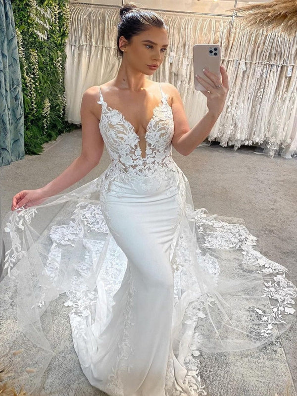 Spaghetti Strap Deep V Satin Mermaid Wedding Dress With Sheer Lace Chapel Train - VelvetHem