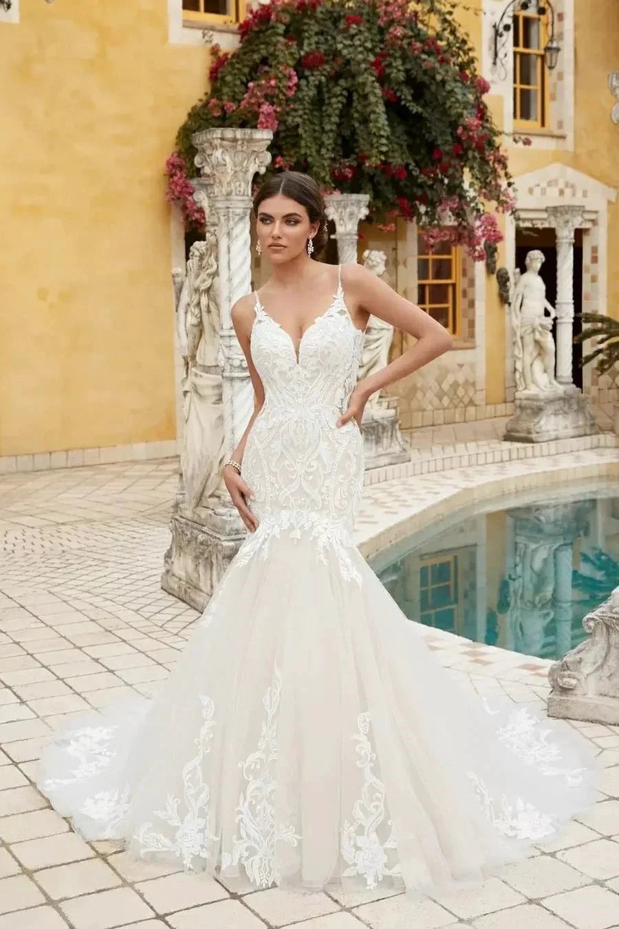 Amazing Mermaid Lace Spaghetti Straps Sleeveless White Long Wedding Dress With Ruffles (ZD15537) - VelvetHem