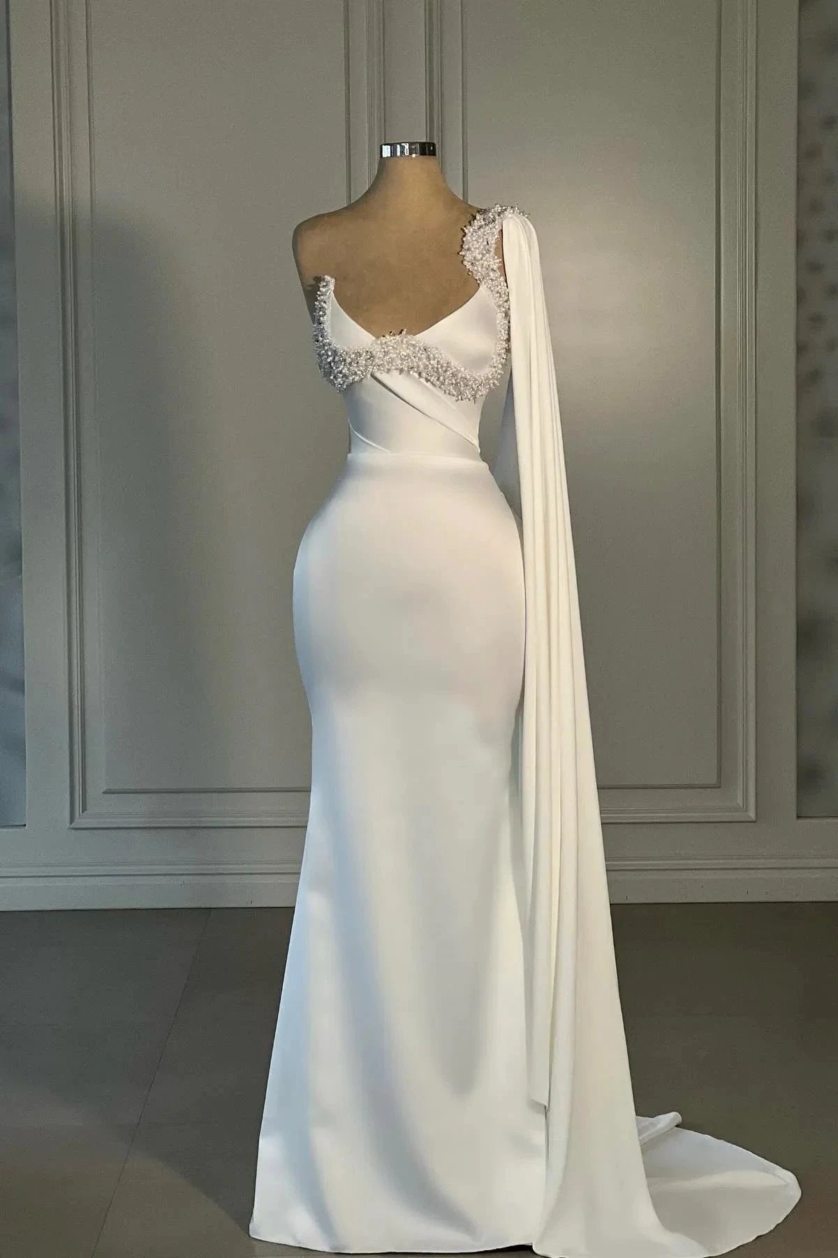 Amazing Mermaid Satin One Shoulder Sleeveless White Wedding Dress With Rhinestone (ZD15558) - VelvetHem