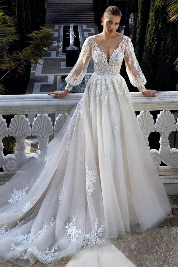 Amazing V-neck Backless Long Sleeves A-line Appliques Wedding Dress (ZD16431)