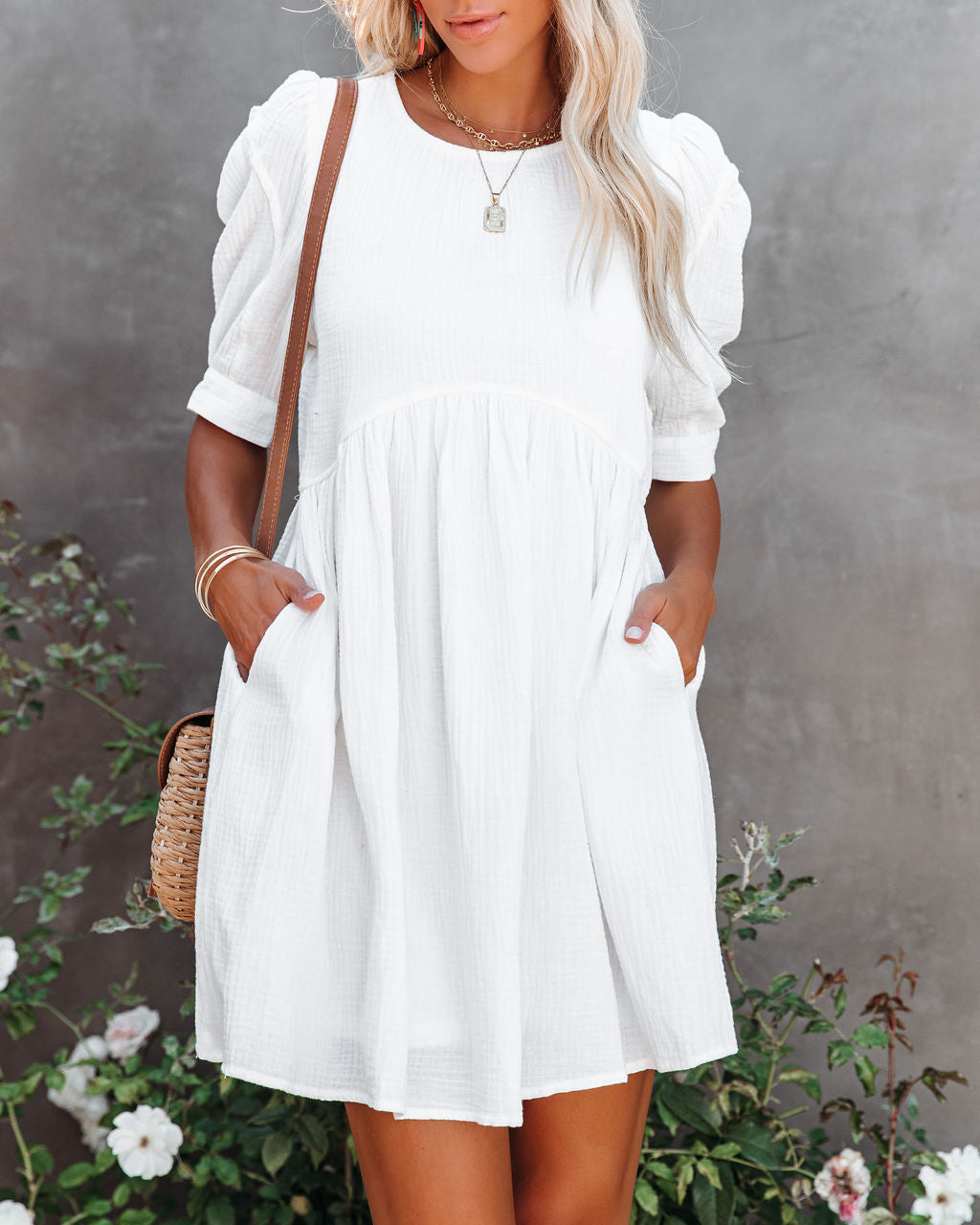 Amber Cotton Pocketed Puff Sleeve Dress White