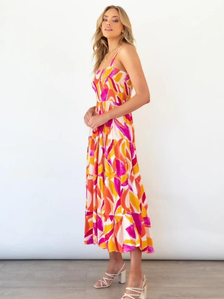 Tatiana Minimalist Printed Tiered Maxi Summer Dress with Ruched Bodice Evening Wear Edit