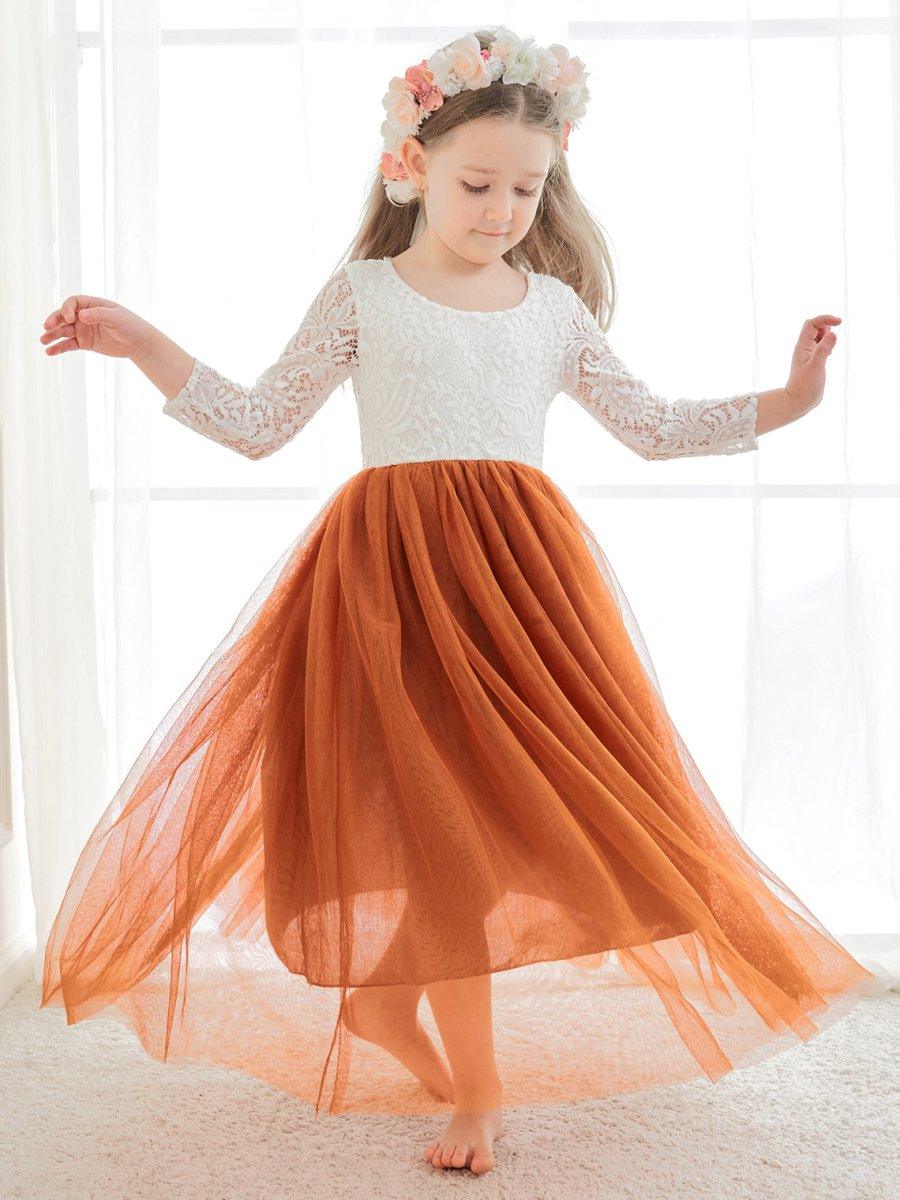 Angelic White Lace A-Line Long Sleeve Tulle Flower Girl Dress - VelvetHem