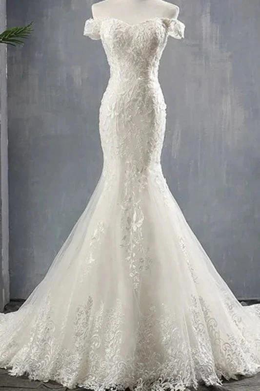 Applique Off Shoulder Lace-up Mermaid Elegant Wedding Dresses (ZD14745)