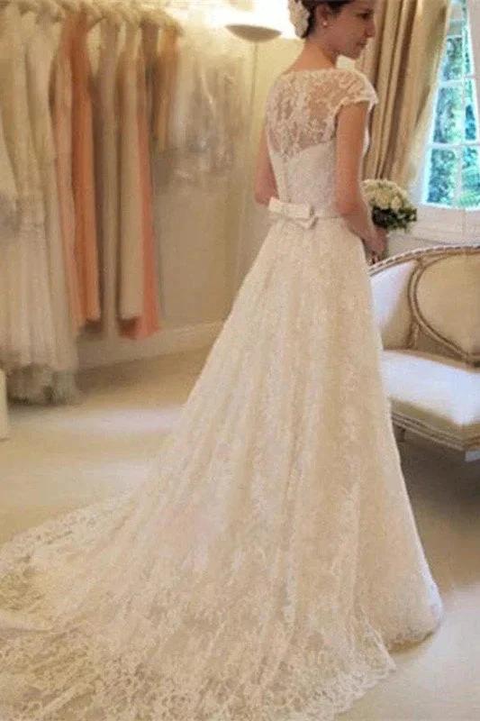 Applique Short Sleeves Square Lace Ribbon Wedding Dress (ZD13853)
