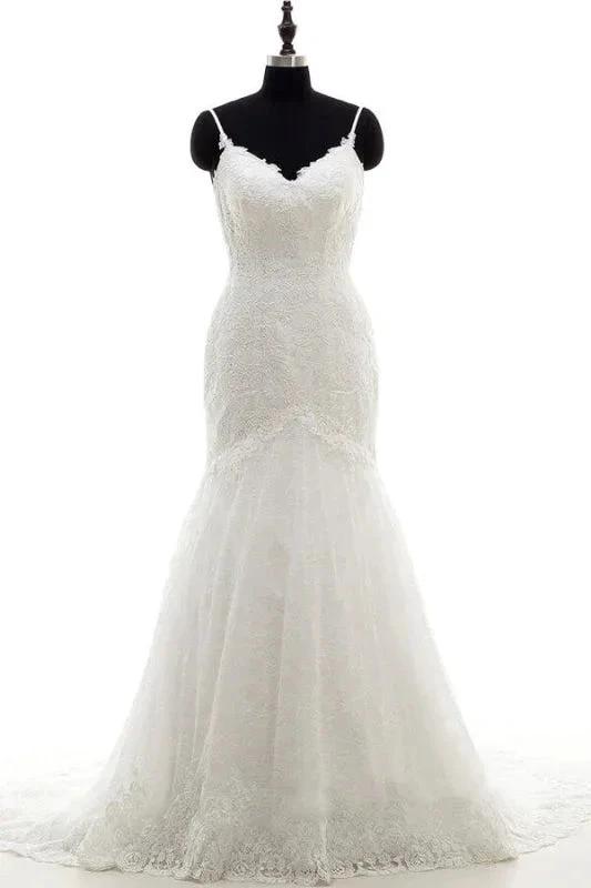 Appliques Spaghetti Strap Mermaid Elegant Wedding Dresses (ZD14741) - VelvetHem