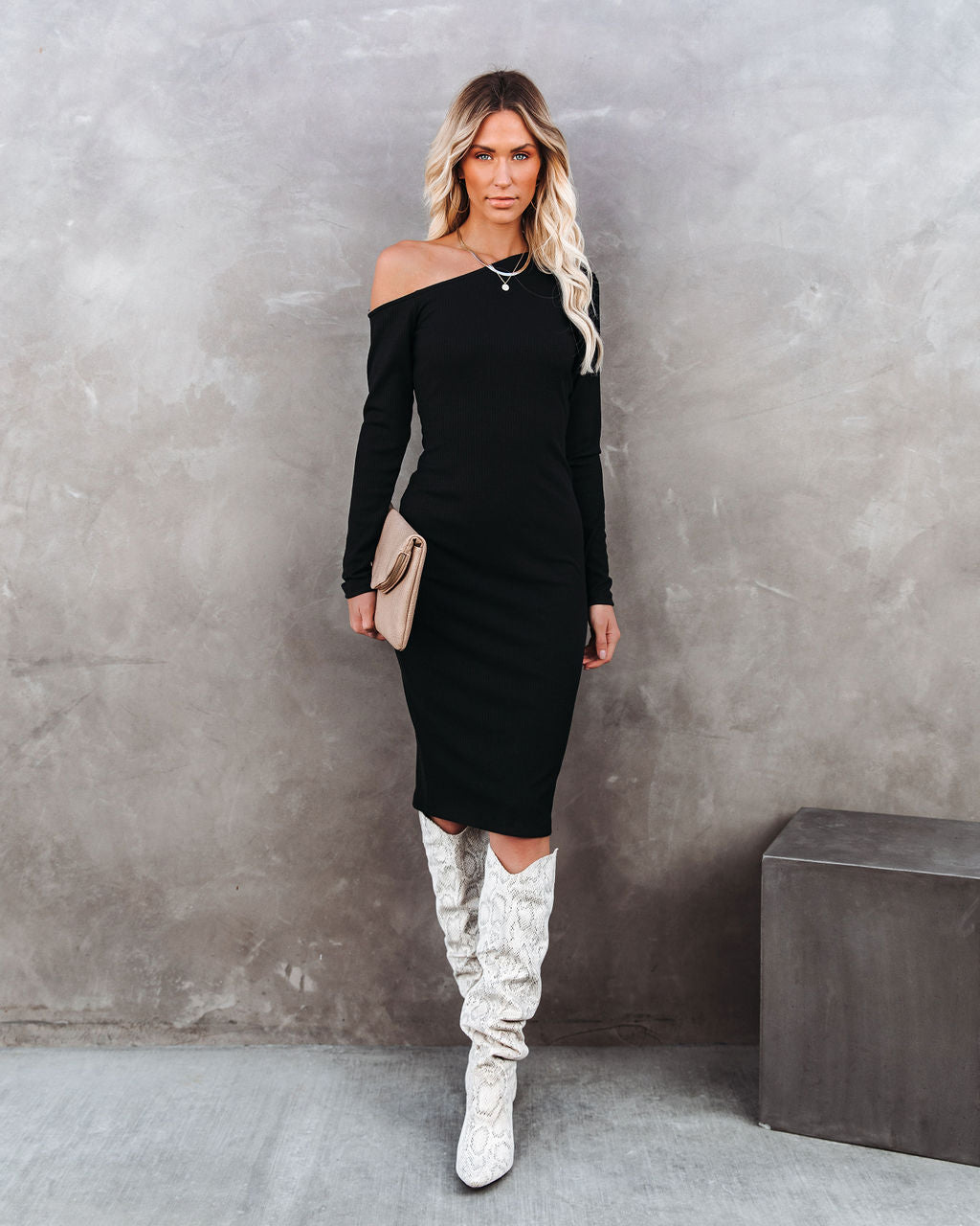 Arielle Off The Shoulder Ribbed Knit Midi Dress FINAL