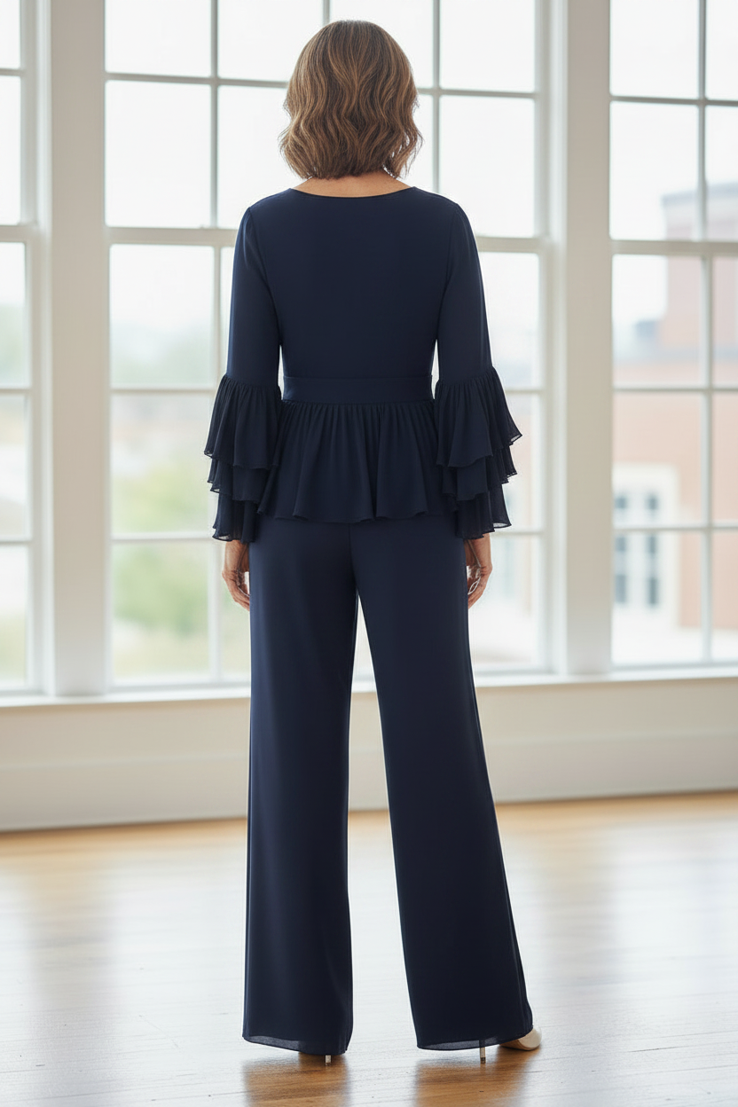 Elegant Peplum Long Sleeve Wide Leg Pantsuit