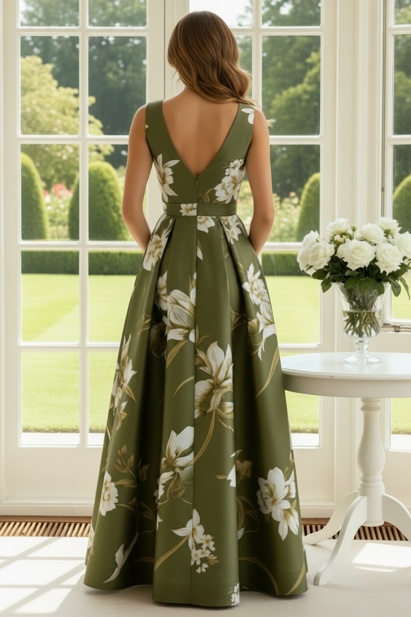 Floral Print V-Neck A-Line Gown with Pockets