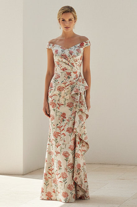 Off Shoulder Floral Jacquard Ruffle Gown