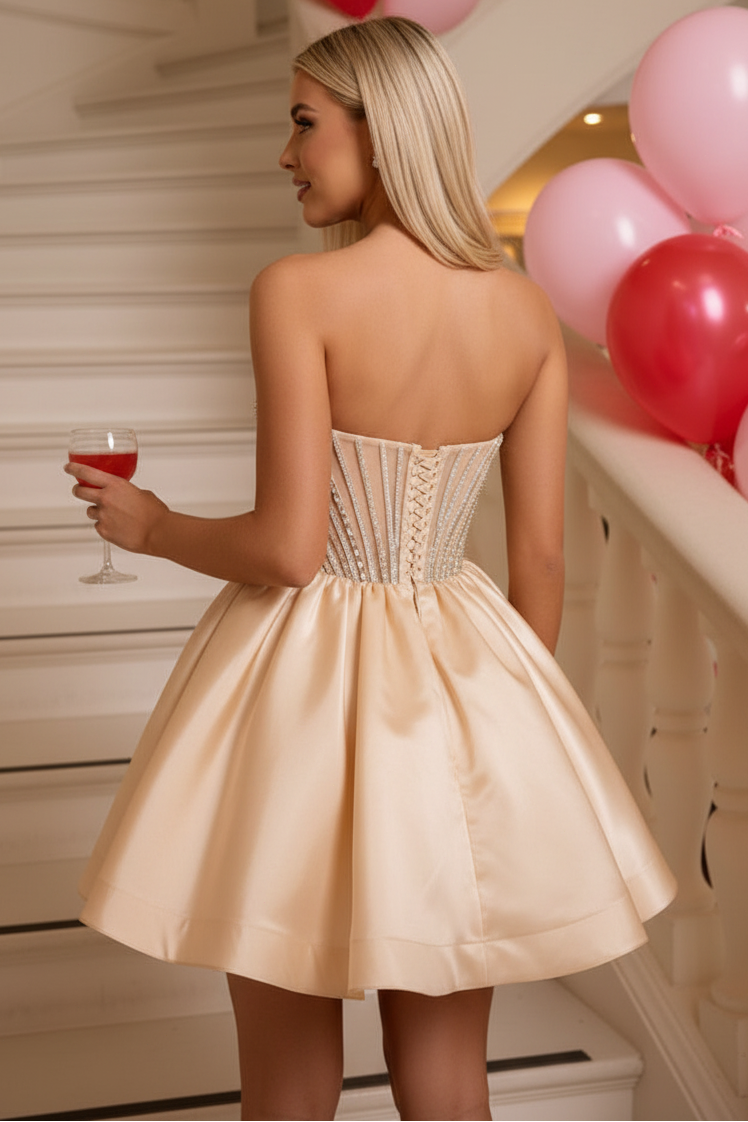 Strapless Corset Beaded Satin A-Line Mini Dress