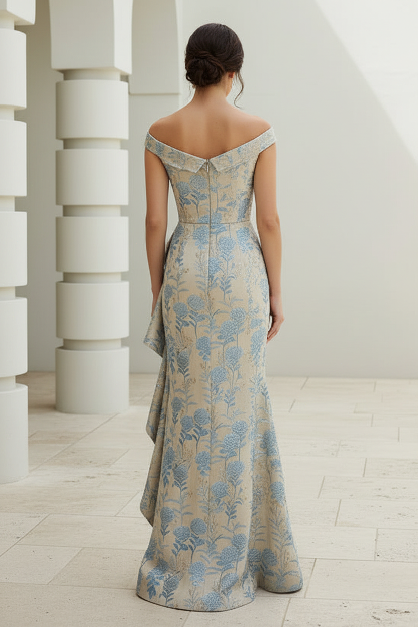 Off Shoulder Floral Jacquard Ruffle Gown
