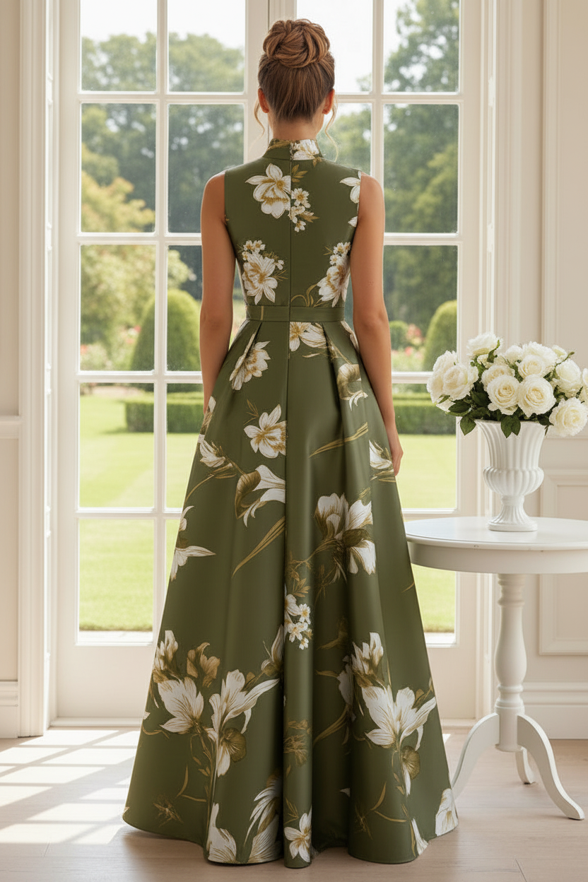 High-Neck Floral A-Line Maxi Dress with Pockets