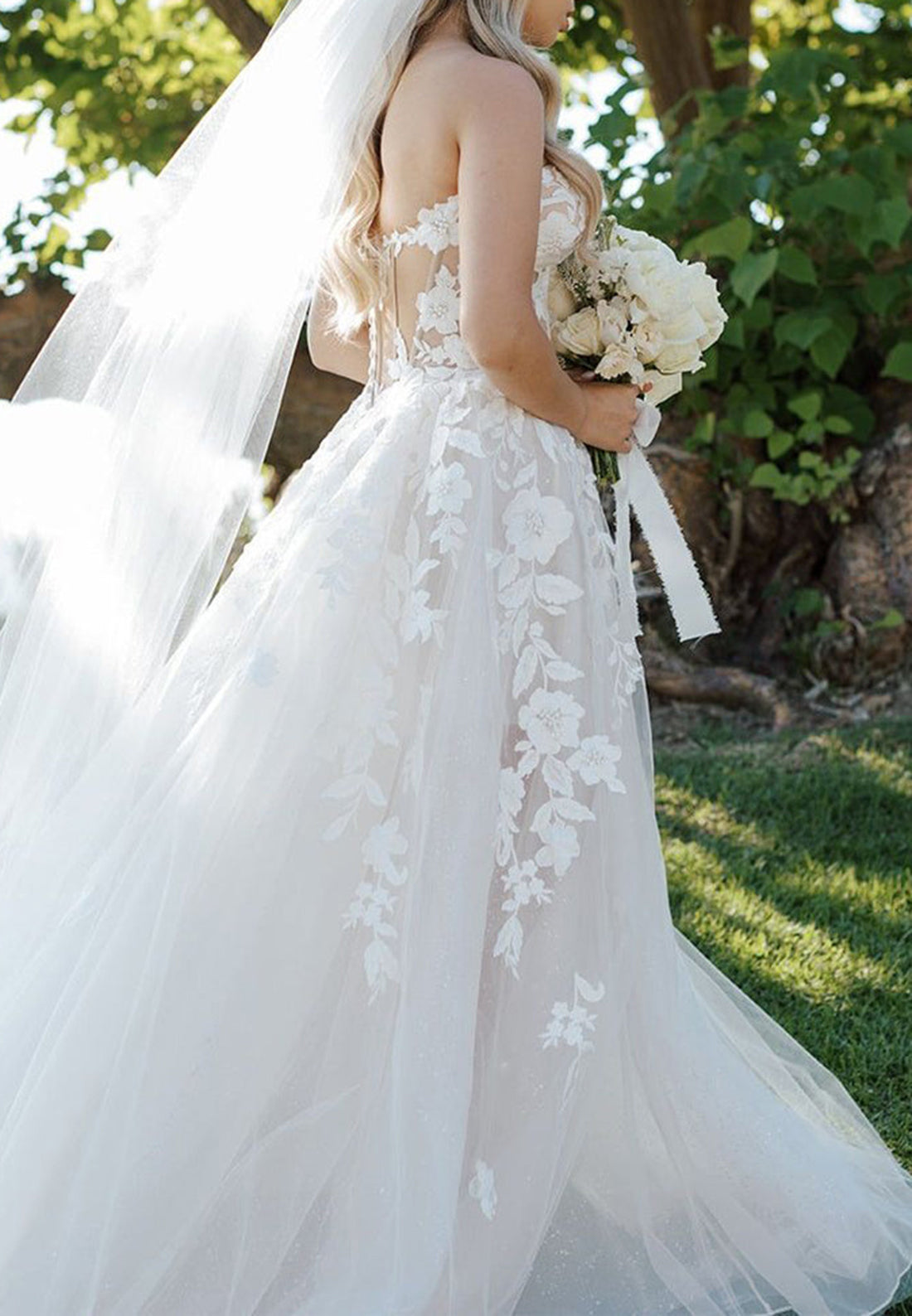 Strapless Floral Lace A-Line Wedding Dress with Slit