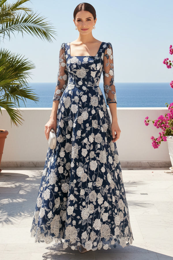 Floral Embroidered Square Neck A-Line Evening Gown