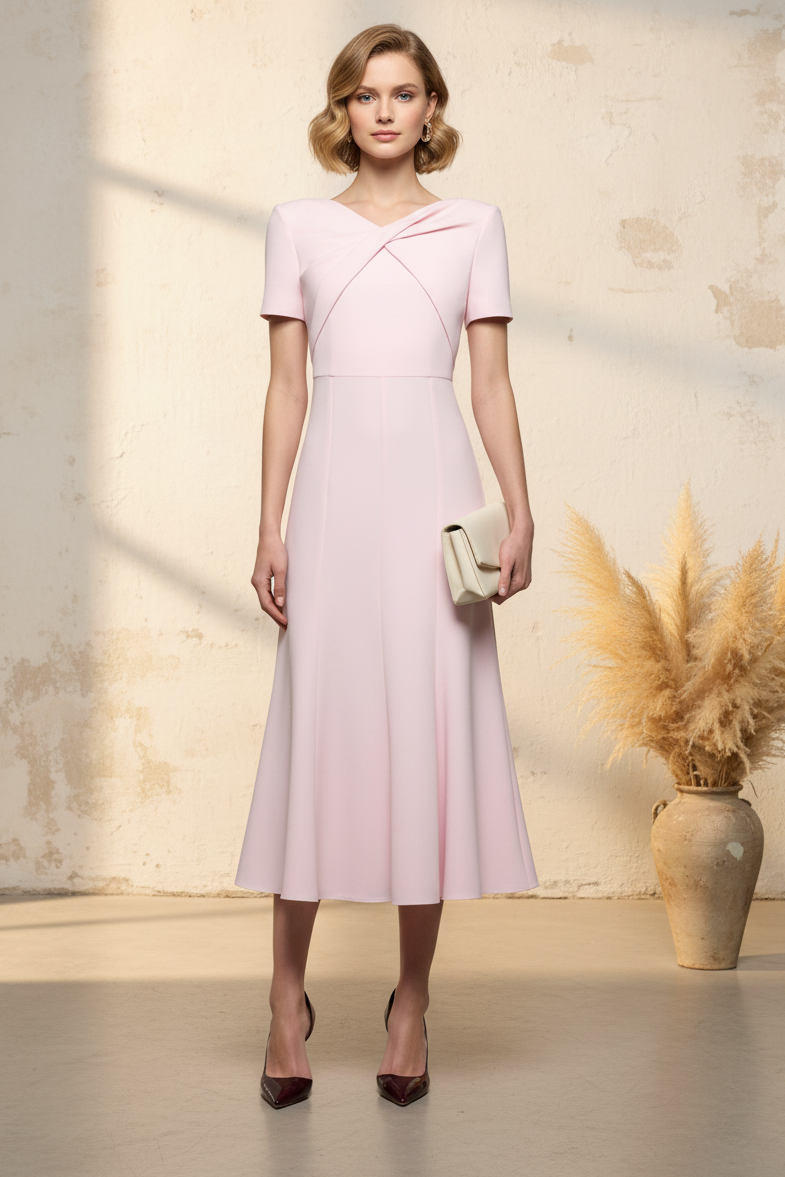 Elegant Short Sleeve Pleated Midi Dress