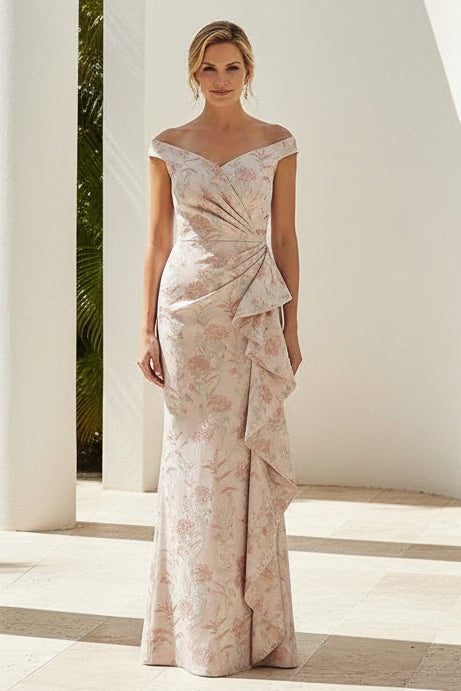 Off Shoulder Floral Jacquard Ruffle Gown