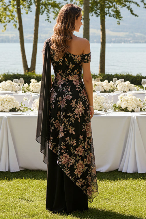 One-Shoulder Embroidered Floral Evening Gown