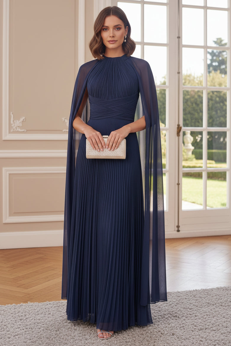 Elegant High-Neck Pleated Evening Gown with Cape