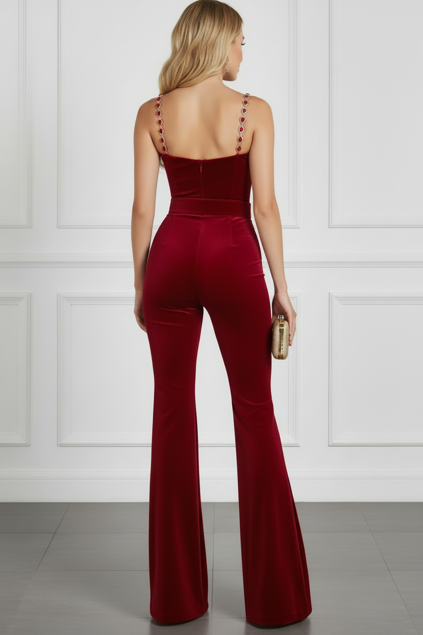 Red Velvet Bustier Jumpsuit with Crystal Strap & Belt