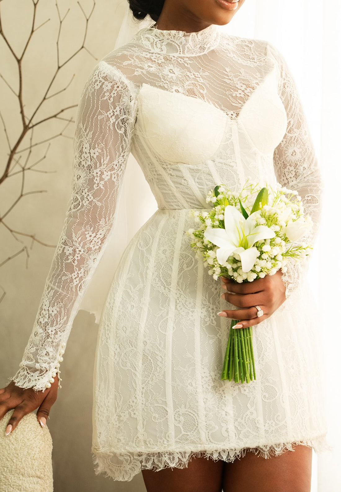 High Neck Lace Mini Wedding Dress with Corset Bodice