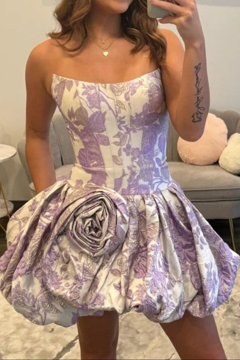 Strapless Floral Jacquard Corset Bubble Mini Dress