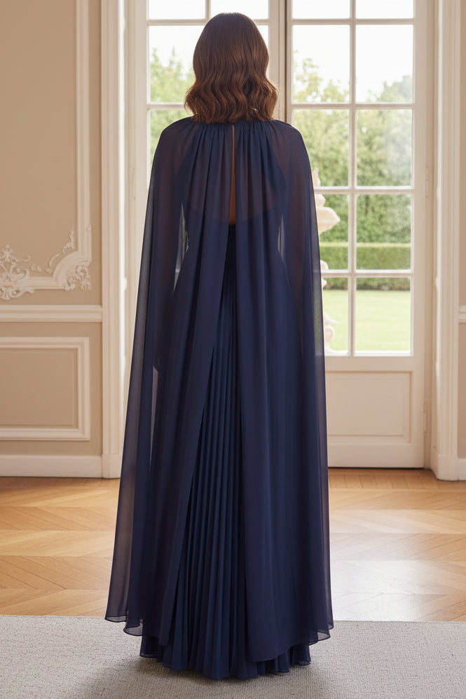 Elegant High-Neck Pleated Evening Gown with Cape