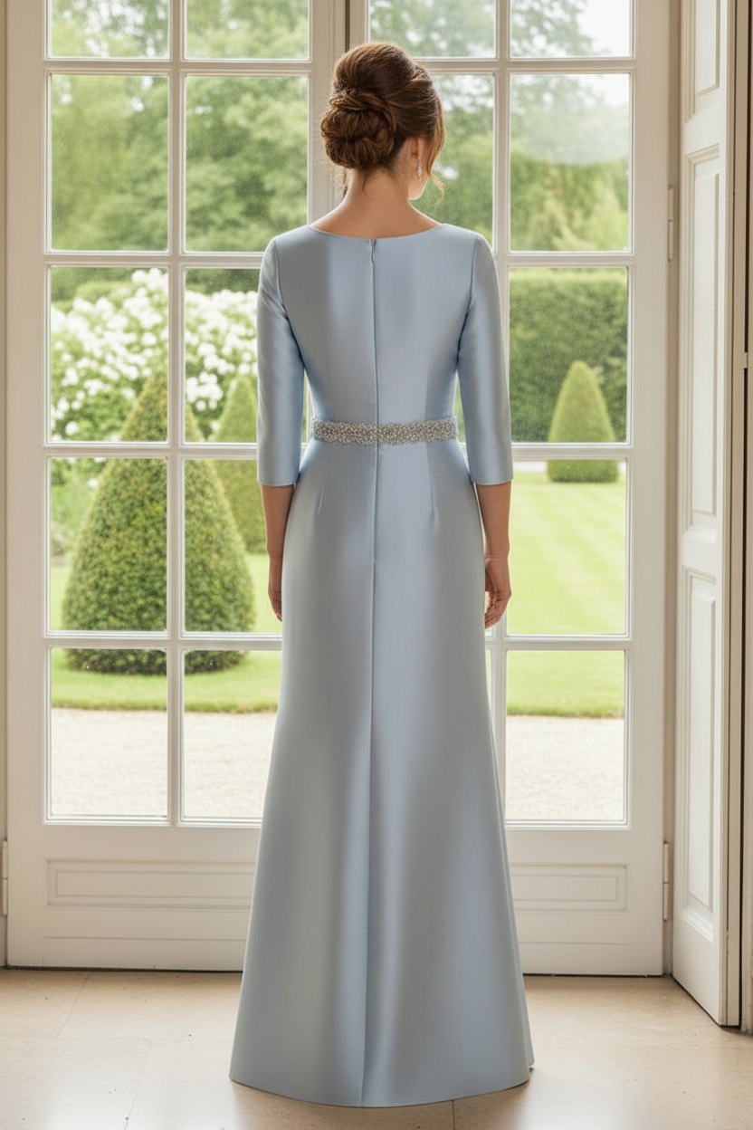 Satin Bateau Neck 3/4 Sleeve Evening Gown