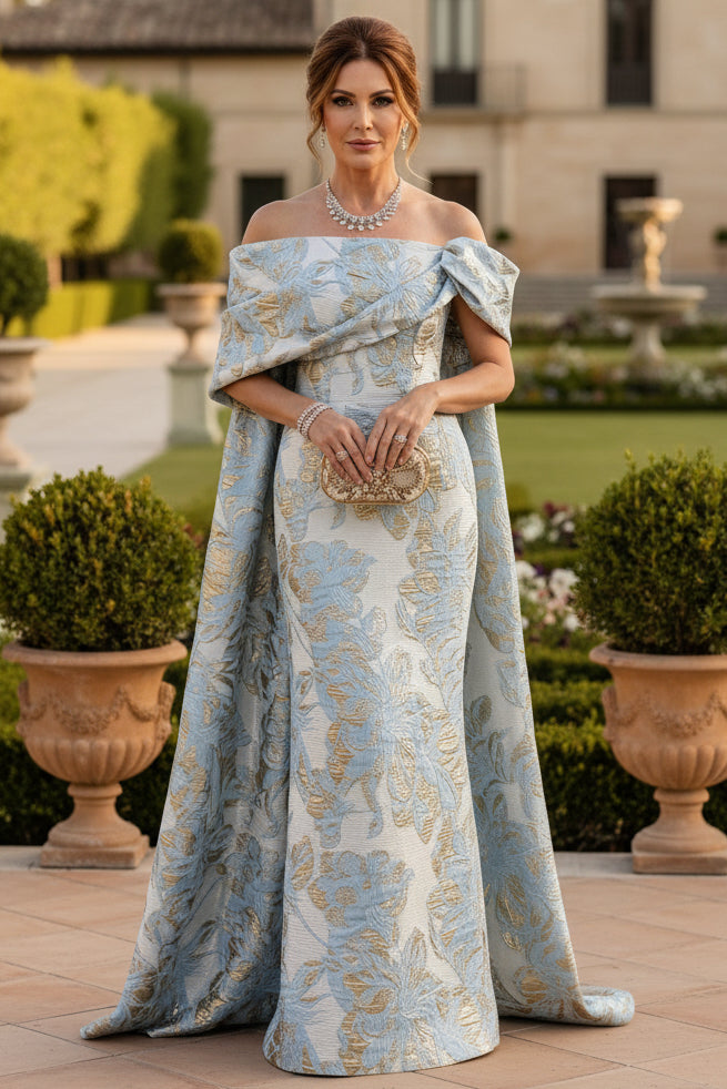 Off-the-Shoulder Floral Jacquard Evening Gown