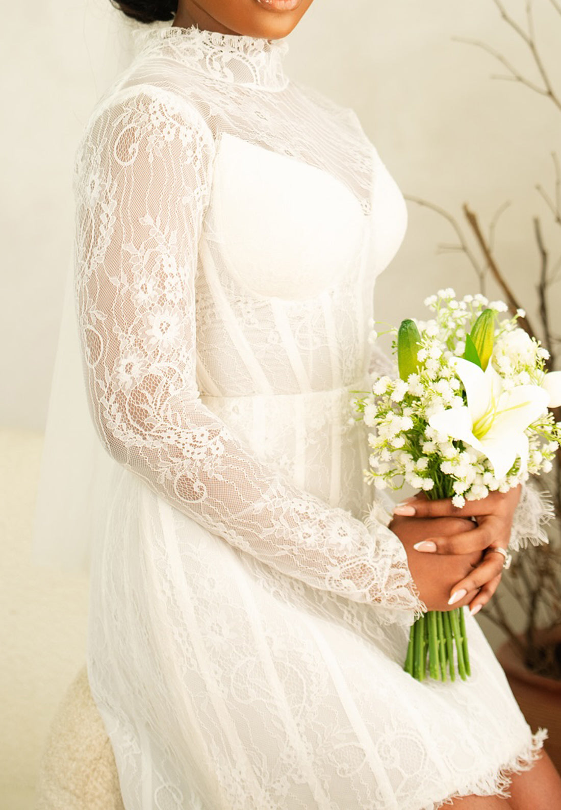 High Neck Lace Mini Wedding Dress with Corset Bodice