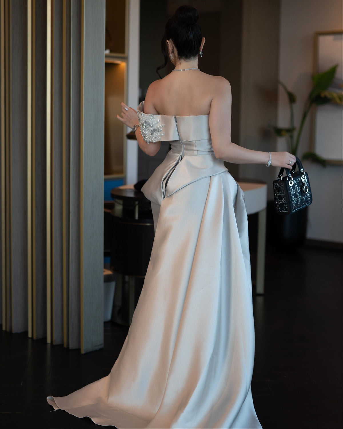 Asymmetrical Beaded Off-the-Shoulder Evening Gown