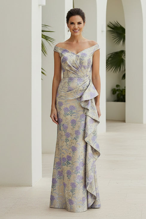 Off Shoulder Floral Jacquard Ruffle Gown