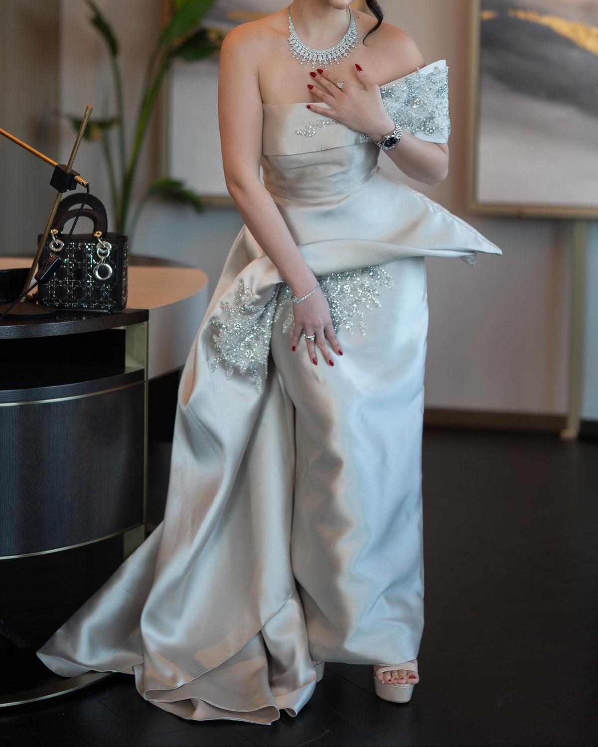 Asymmetrical Beaded Off-the-Shoulder Evening Gown