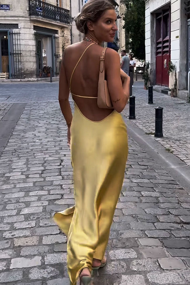 Asymmetrical One Shoulder Backless Satin Sleeveless Midi Dress Muted Yellow