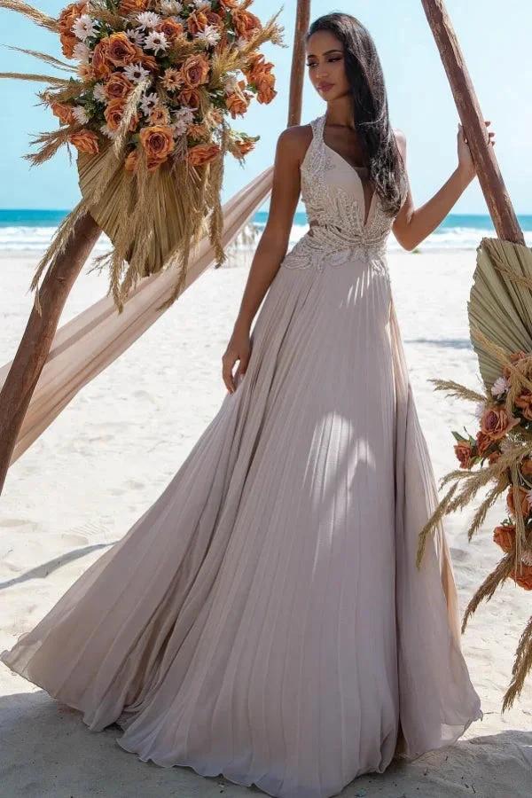 Attractive Long A-line V-neck Lace Beading Sleeveless Beach Wedding Dress (ZD15543) - VelvetHem