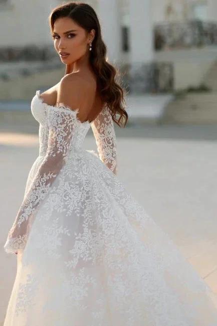 Attractive Long White A-line Off-the-shoulder Lace Wedding Dress with Long Sleeves (ZD16660)