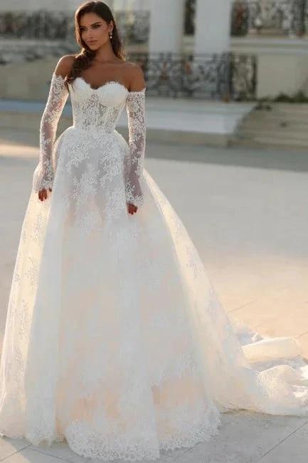 Attractive Long White A-line Off-the-shoulder Lace Wedding Dress with Long Sleeves (ZD16660) - VelvetHem