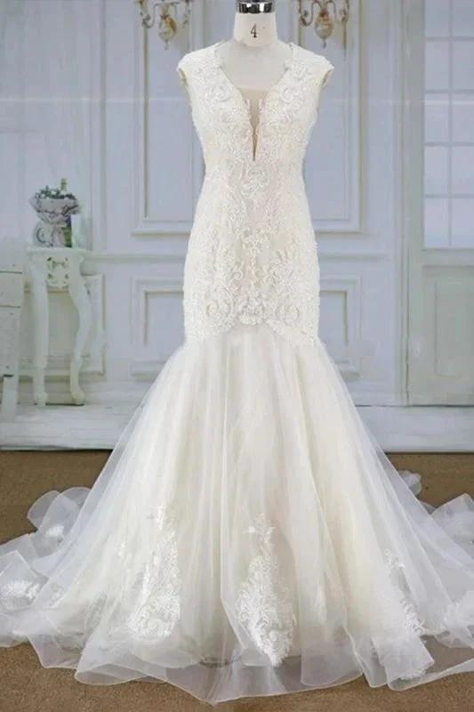 Awesome Appliques Tulle Mermaid Elegant Wedding Dresses (ZD14744) - VelvetHem