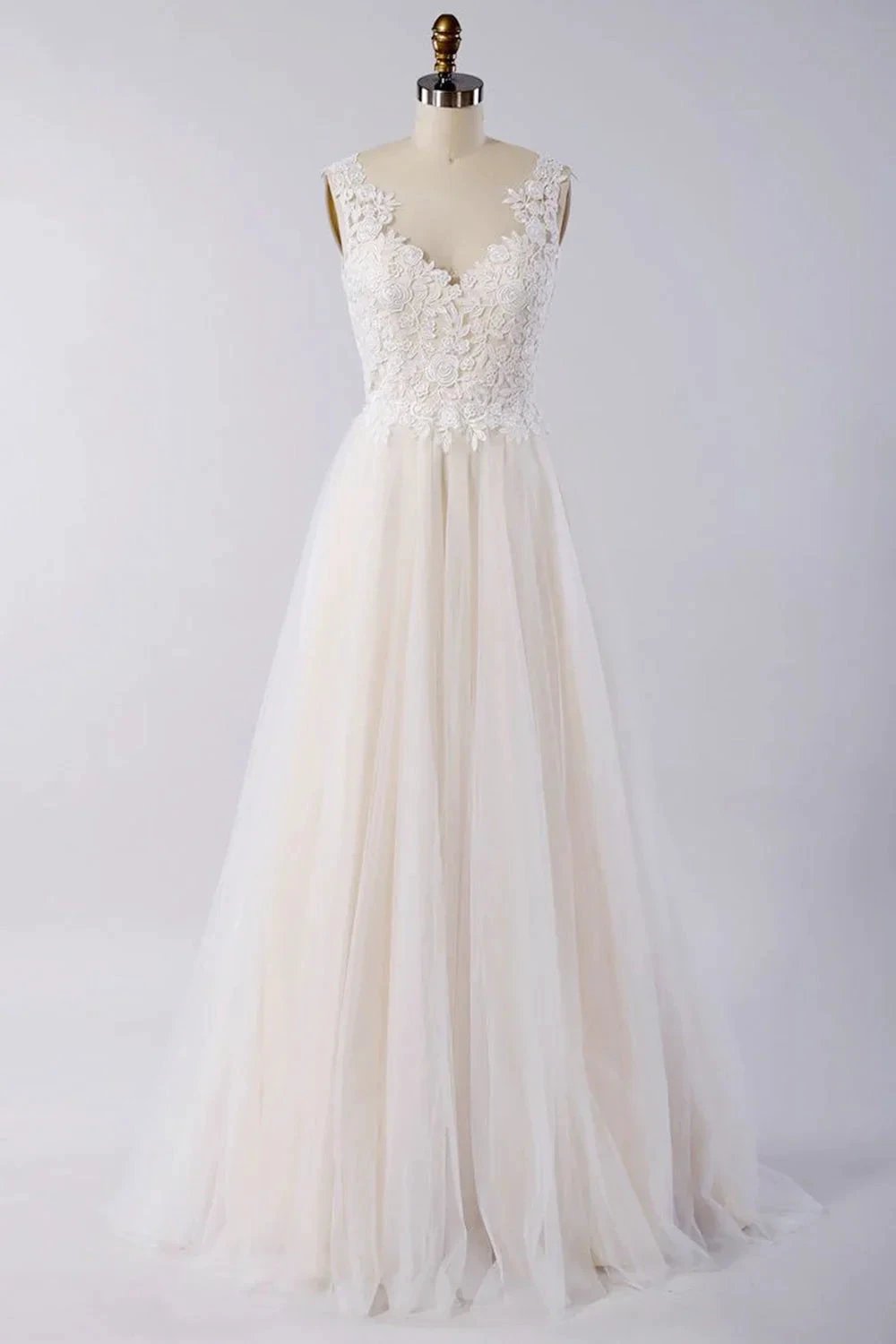 Awesome Long A-line Appliques Lace Tulle Open Back Wedding Dress (ZD14432) - VelvetHem